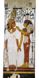 Egypt, Théby, Luxor, Údolí královen, hrobka Nefertari, nástěnná malba bohyně Eset a královny na sloupu v pohřební komoře z 19. dynastie