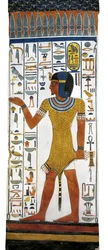 Egypt, Théby, Luxor, Údolí královen, Hrobka Nefertari, nástěnná malba na sloupu v pohřební komoře z 19. dynastie