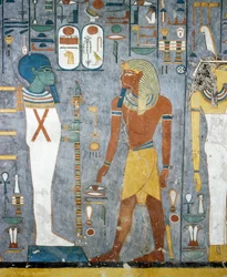 Maat, Ramesse I., Ptah a Osirisův sloup, fresky z pohřební komory Hrobky Ramesse I., Údolí králů, Luxor, Théby (Seznam světového dědictví UNESCO