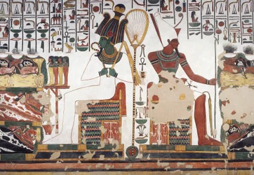 Osiris a Atum, freska, východní stěna, východní boční komora, Nefertariina hrobka (QV66), Údolí královen, Théby (Seznam světového dědictví UNESCO)