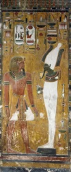 Osiris a Seti I, detail z fresek v pohřební komoře Hrobky Seti I, Údolí králů, Luxor, Théby (Seznam světového dědictví UNESCO