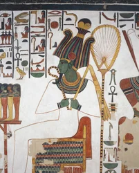 Osiris, freska, východní stěna, východní boční komora, Nefertariina hrobka (QV66), Údolí královen, Théby (Seznam světového dědictví UNESCO)