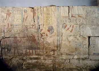 Reliéf z hrobky Netcherouymese, významného úředníka Ramsese II, Sakkára, vláda Ramsese II. Egyptská civilizace, Nová říše, dynastie XIX