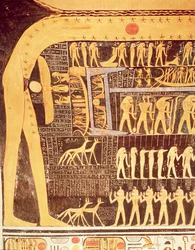 Detail z Knihy dne ze stropu pohřební komory hrobky Ramesse VI. (vláda 1143-1136 př. n. l.), Nová říše