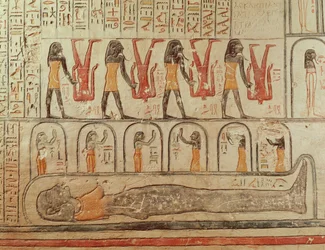 Detail z Knihy Země, z pohřební komory hrobky Ramesse VI. (r.1143-1136 př.nl) Nová říše (nástěnná malba)