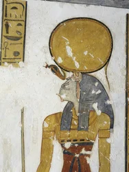 Egypt, Théby, Luxor, Údolí králů, hrobka prince Mentuherkhepeshefa, nástěnná malba bohyně Bastet s kočičí hlavou, 20. dynastie