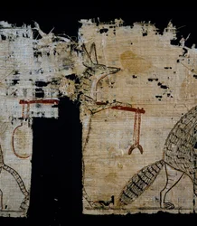 Papyrus zobrazující satirickou scénu, cca 1100 př.nl, pocházející z doby vlády Ramesse IX., Detail, Egyptská civilizace, Nová říše, Dynastie XX