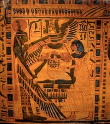 Egyptský starověk: “” Zaniklý pozdravený devinským Maatem”” Detail sarkofágu písaře Butehamona. 3. meziobdobí. 21. dynastie. 990-970 před naším letopočtem. Z Théb. Ztlumit. 211 cm Turín, Egyptské muzeum