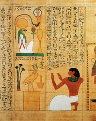 Mytologický papyrus Imenemsaufa, hlavního nositele Amona. Detail: hymnus na slunce Ra jako pták