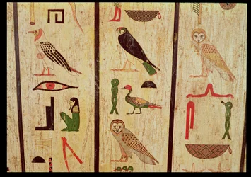 Sarkofág Psamtika I (664-610 př.nl) detail hieroglyfů, pozdní období (malované dřevo)