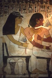 Starověký Egypt, nástěnná malba, Sennuferova hrobka, Théby, Sennufer a jeho sestra Merit drží lotosové květy, Sennufer, starosta Théb a dozorce za faraona Amenofise II.