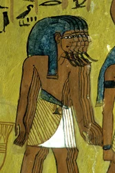 Starověký Egypt, Nástěnná malba/řezba, Bohové doprovázející Ra na sluneční bárce, Sennedjemská hrobka, Théby