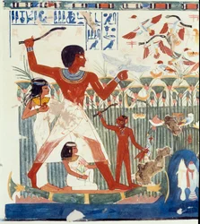 Egyptské umění: lovečtí ptáci. Podobenství z hrobky Nachtovy, období Amenhotepa II. (asi 1450-1425 př. n. l.), Paříž, Collège de France