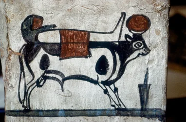 Detail dřevěného sarkofágu s vyobrazením posvátného býka Apiho, který nese na hřbetě mumii (nástěnná malba)