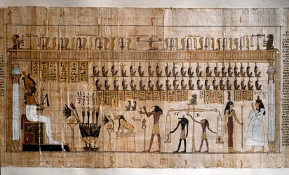 Egyptský starověk: vážení duší (psychostasie). Papyrus z Knihy mrtvých. Turín, Egyptské muzeum.