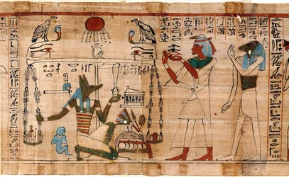 Egyptský starověk: vážení duše - Detail z Knihy mrtvých, papyrus uložený v Egyptském muzeu v Turíně, Itálie