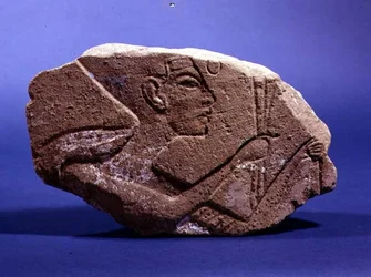 Reliéfní hlava Nefertiti z hrobu Abadaya B86 (kámen)