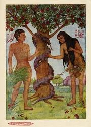 Adam a Eva v zahradě Edenu podle súry z Koránu. Egyptský islámský obraz