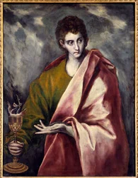 Saint John the Evangelist Painting by Domenikos Theotokopoulos dit El Greco (1541-1614) 17. století Sun. 0,9x0,77 m Madrid, Musee du Prado - Svatý Jan Evangelista. Obraz Domenika Theotokopoulose známý jako El Greco (1541-1614)
