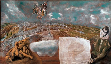 Pohled na město Toledo (Toledo) ve Španělsku a letadlo dole vpravo Obraz Domenikos Theotokopoulos dit El Greco (1541-1614) 1608-1614 Sun. 132x228 cm Muzeum Řecka v Toledu