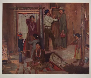 Lähtö kotoa Carlislen intiaanikouluun (chromolitho)