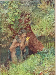 Prothalamion od Edmunda Spensera, ilustrace z „Knihy starých anglických písní a balad“, vydané nakladatelstvím Hodder a Stoughton, kolem roku 1910 (barevné litho)