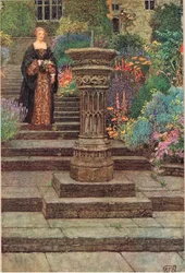 Žena v zahradě, ilustrace z „Knihy starých anglických písní a balad“ vydané Stodderem a Houghtonem, kolem roku 1910 (barevné lito)