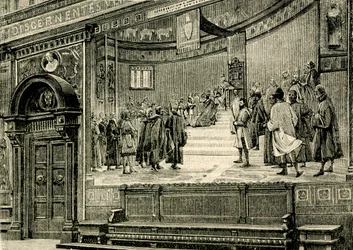 Fresky ve Velkém sále paláce Barnabitů, autor Elia Bonci (1866-1953), Macerata, Marche, Itálie