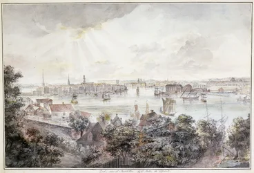 Pohled na Stockholm ze Soderu s královským palácem, Storkyrkan, Riddarholmskykan a Tskakykan,