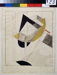 Proun 19 (Proun 19) - Dílo Lazara Lissitskij dit El Lissitskij (Lissitsky nebo Lissitski nebo Lissitzky) (1890-1941), Kvaš a inkoust na papíře, kolem 1920 - Ruská avantgarda, počátek 20. století, abstraktní umění - Stát Treťjakov Galerie, Moskva