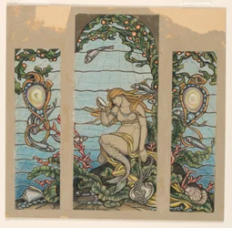 Kresba, návrh vitráže, Okno mořské panny, pro rezidenci A. H. Barneyho, New York, NY, 1882