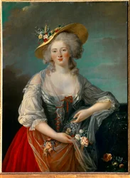 Portrét Elisabeth Filipínská Marie Helene z Francie známá jako Madame Elisabeth (1764-1794), sestra Ludvíka XVI. zastoupená v roce 1782, ve venkovském kostýmu představujícím květiny Obraz Marie Elisabeth Louise Vigee Le brun (nebo Vigee-Lebrun nebo Vigee L
