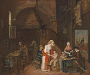 Návštěva u pekařky koláčů, nezřetelně signováno (na stole), datováno M. E. De Latour 1822
