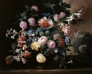 Zátiší letních květin s růžemi, primulkami a tulipány. Obraz Elise Bruyere (1776-1842) Soukromá sbírka.