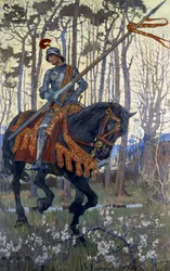 Rytíř ve zbroji projíždí lesem, ilustrace z knihy "King Arthur