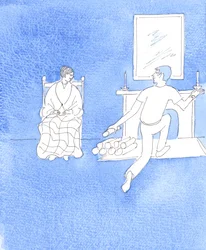Muž prokazuje skutečnou lásku, když navštíví svou matku a pomáhá jí, 2005 (akvarel na papíře)