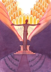 Při mši jako by u oltáře stál obrovský Kristus, aby natáhl ruku a roztrhl závoj, který skrývá nebe od země, 2005 (akvarel na papíře)