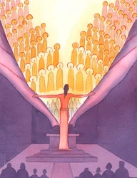 Při mši jako by u oltáře stál obrovský Kristus, aby natáhl ruku a roztrhl závoj, který skrývá nebe od země, 2005 (akvarel na papíře)