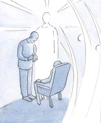 Kristus nás nenechává samotné v naší nemoci a nesnázích, ale přichází k nám ve své svátosti, doprovázen anděly., 2001 (w/c na papíře)