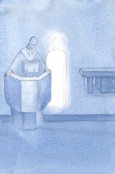 Kristus stál vedle kněze, který nám všem četl svaté evangelium, což bylo Kristovo vlastní slovo., 2000 (w/c na papíře)