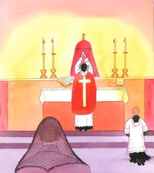 Záměrnými kroky (vysvětlil Kristus) mě pomalu vedl k poznání úcty a krásy spojené s tradičním způsobem přinášení svaté oběti, 2005 (akvarel na papíře).