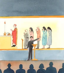 Mnozí dnešní katolíci, kteří nevěří ve všechno učení církve, malují karikaturu doby před posledním koncilem, 2005 (akvarel na papíře)