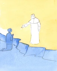 Papež Jan Pavel stojí v nebi a natahuje ruku na pozdrav, když ho žádáme o pomoc, 2006 (bez papíru)