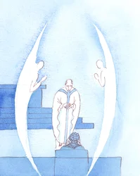Svatá eucharistie, která je skutečnou přítomností Ježíše Krista, je tak velkým a svatým darem, že kněze doprovázejí dva andělé, když nám přináší požehnanou svátost, při svatém přijímání, 2005 (akvarel na papíře)
