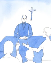Pán žádá biskupy, aby se ohlédli za svým životem. Nevyjádřili se někdy například k morálce ze strachu, že by lidi naštvali nebo odradili, 2005 (akvarel na papíře)