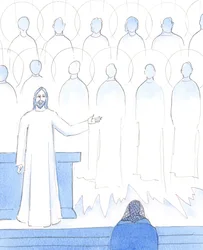Svatí v nebi jsou tam proto, že v pozemském životě plnili Boží vůli, nebo ji plnili opožděně, když činili pokání; tak si Kristus cení každého našeho činu poslušnosti vůči jeho přáním, 2005 (akvarel na papíře)