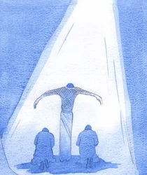 Trpící Spasitel stojí s nataženýma rukama, aby chránil kající lidi; a Otec láskyplně hledí z nebe na svého Syna, 2002 (bez papíru)