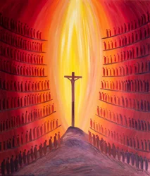 Prostřednictvím mše je každá generace Božího lidu přítomna jediné Oběti Kristu, jak je znázorněna na oltáři., 2001 (olej na desce)
