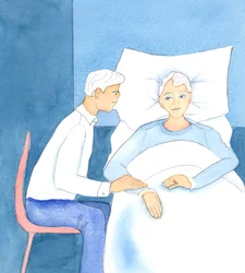 Když je zdravotní stav člena rodiny velmi špatný, je důležité, aby se lidé v křesťanské rodině aktivně připravovali na smrt, obraceli se s důvěrou k Pánu, mluvili spolu pravdivě a jednali citlivě a jemně, 2005 (akvarel na papíře)