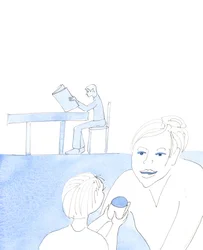 Když předkládáme své oběti Panně Marii, aby je zdokonalila, než přistoupíme k Pánu, jsme jako dítě, které si u matky ověřuje dar, než přistoupí k milovanému otci s dárkem k narozeninám, 2005 (akvarel na papíře).